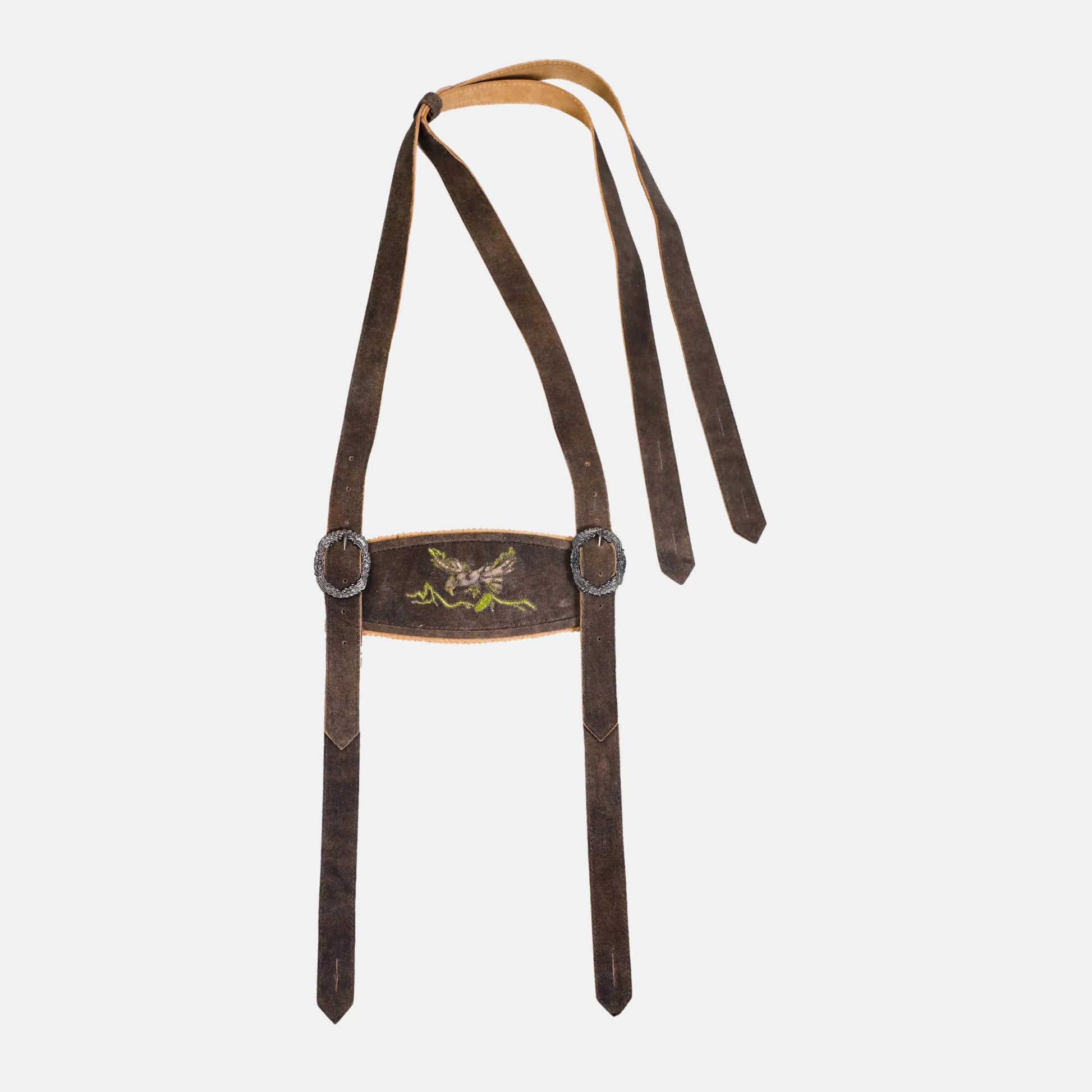 Brown leather lederhosen suspenders with metal loops and stitched center panel