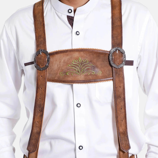 Brown leather suspender front panel with floral embroidery and round metal-ring clips