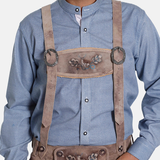 Leather Trachten suspenders with embroidered chest panel and adjustable straps