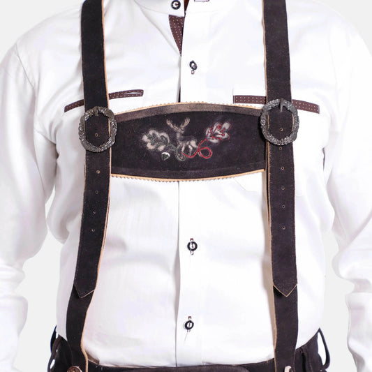 Black suspenders with floral embroidery, round metal snaps, and leather trim