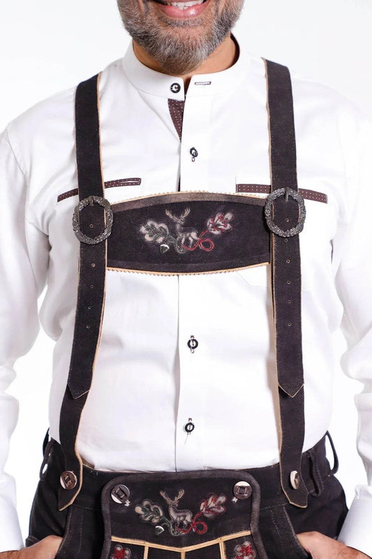 Leather suspenders in dark tone with decorative stitching and round buckles