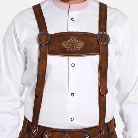 Brown leather suspenders with embossed emblem, round rings, and adjustable straps
