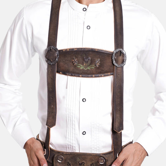 Brown leather suspenders with decorative front panel and round clips