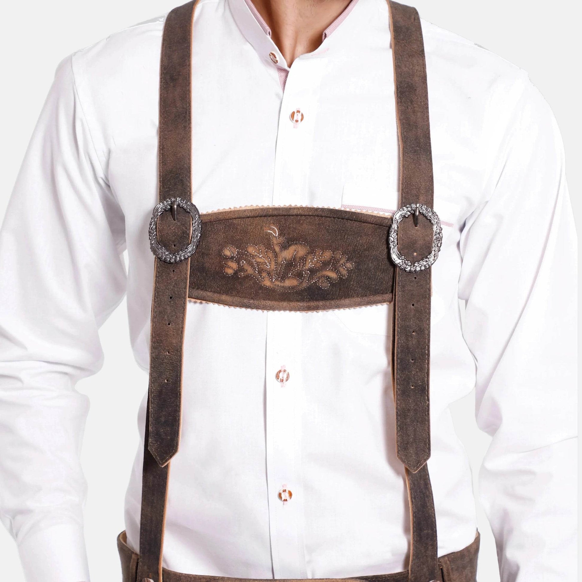 Brown traditional suspenders with embroidered strap panel and adjustable oval clips