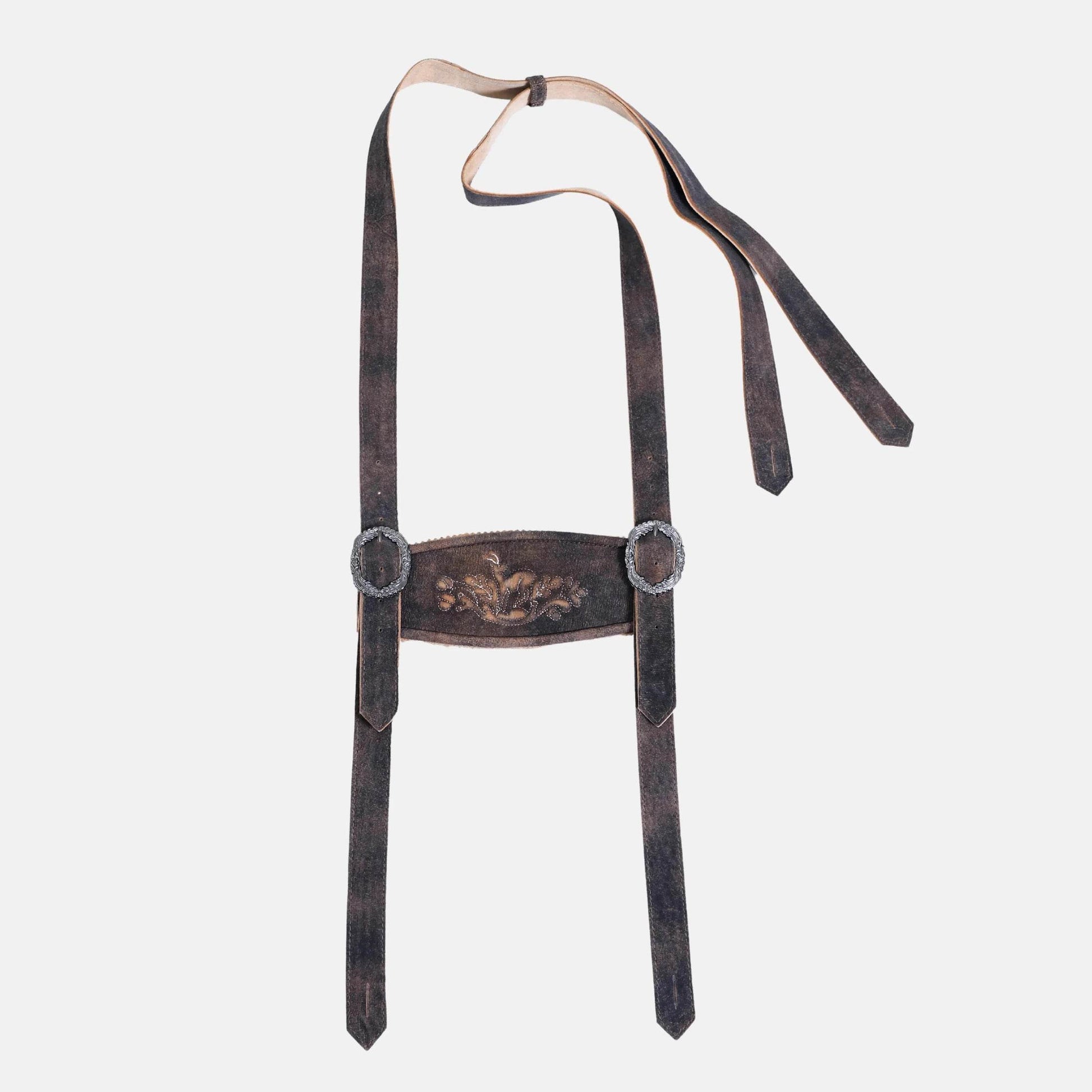 Brown traditional suspenders with embroidered center band and oval metal clips