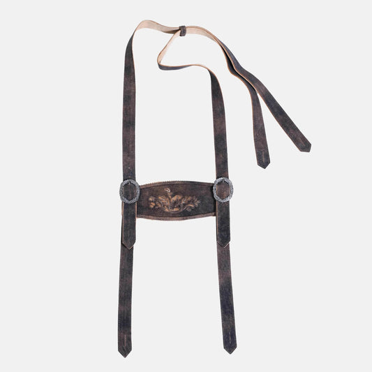 Brown traditional suspenders with embroidered center band and oval metal clips