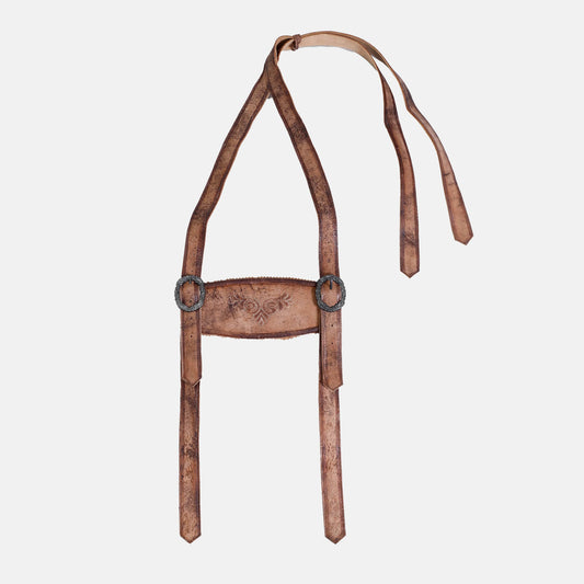 Natural leather suspender straps with round metal-ring ends and embossed bib panel