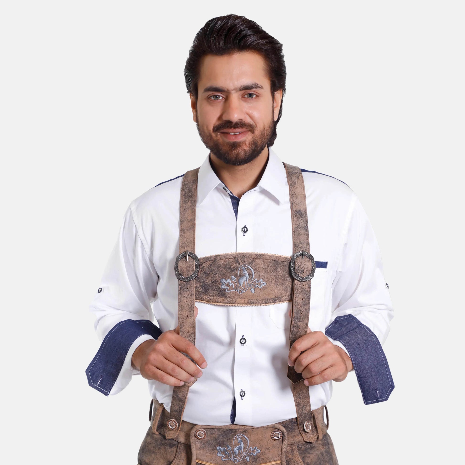 Verstellbare Lederhosen Hosenträger mit edler Stickerei und Schnallen - Lederhose Herren