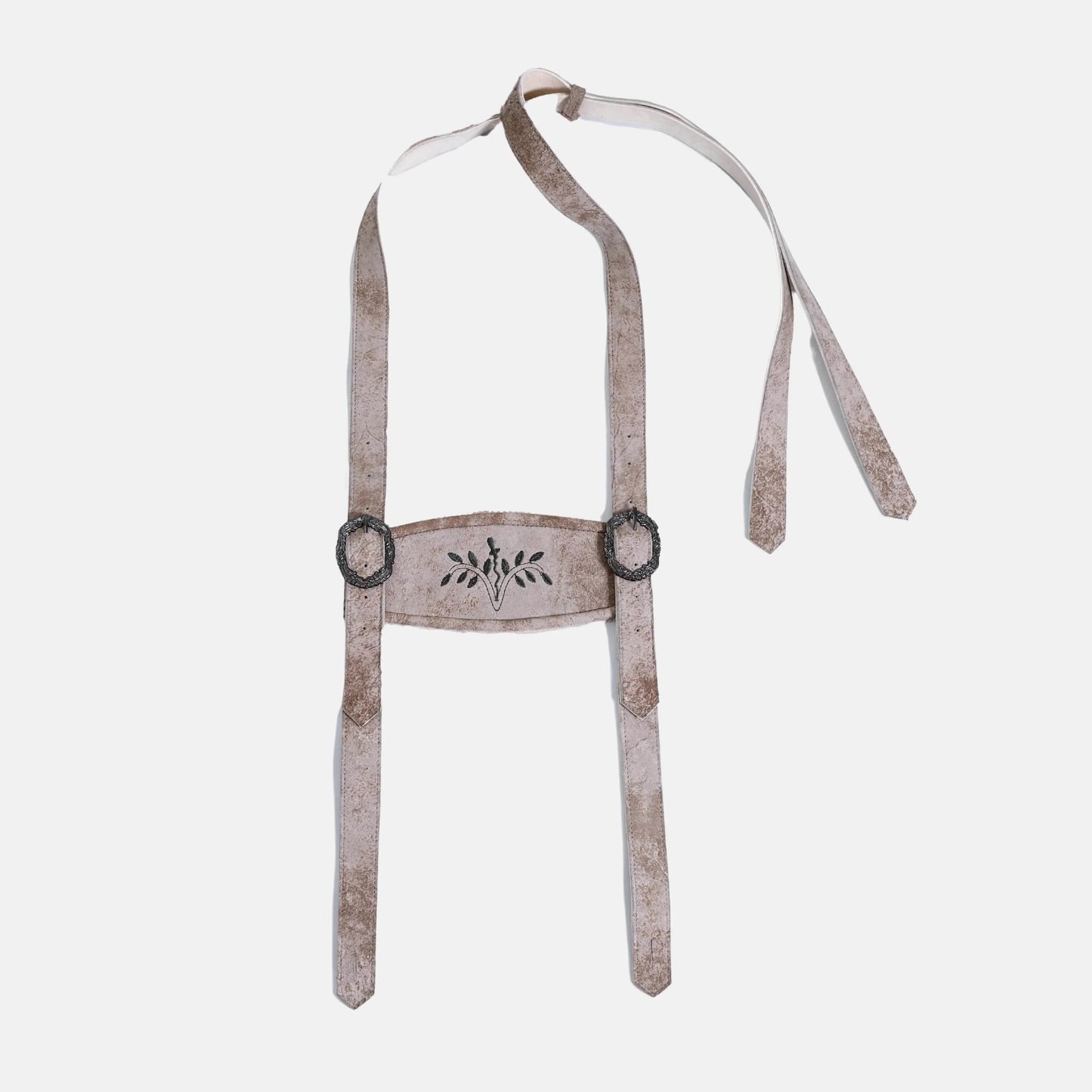 Brown leather suspenders with alpine-style embroidery and round metal rings