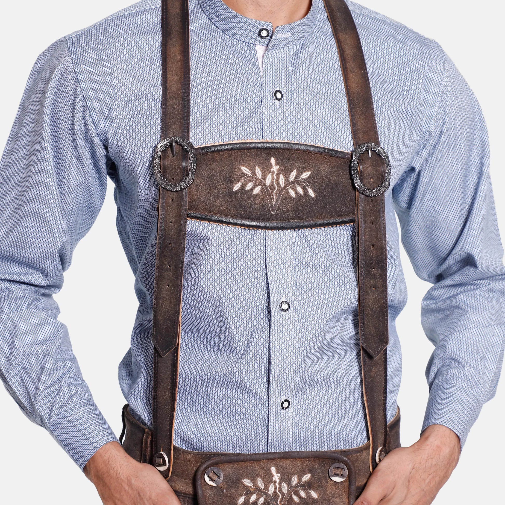 Dark brown leather men's suspenders with floral embroidery and front straps