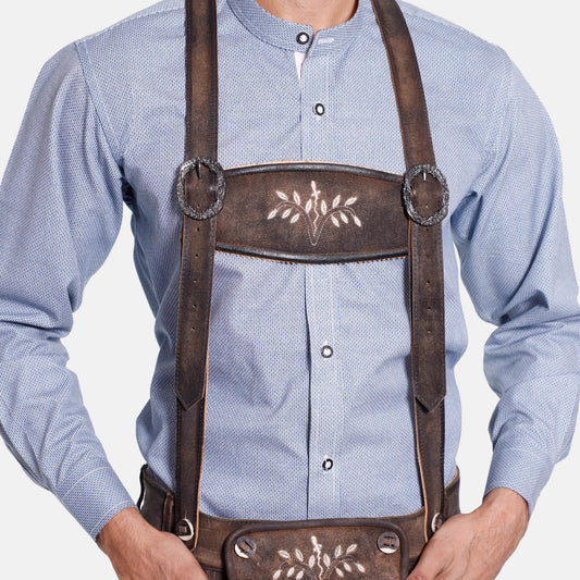 Dark brown leather men's suspenders with floral embroidery and front straps