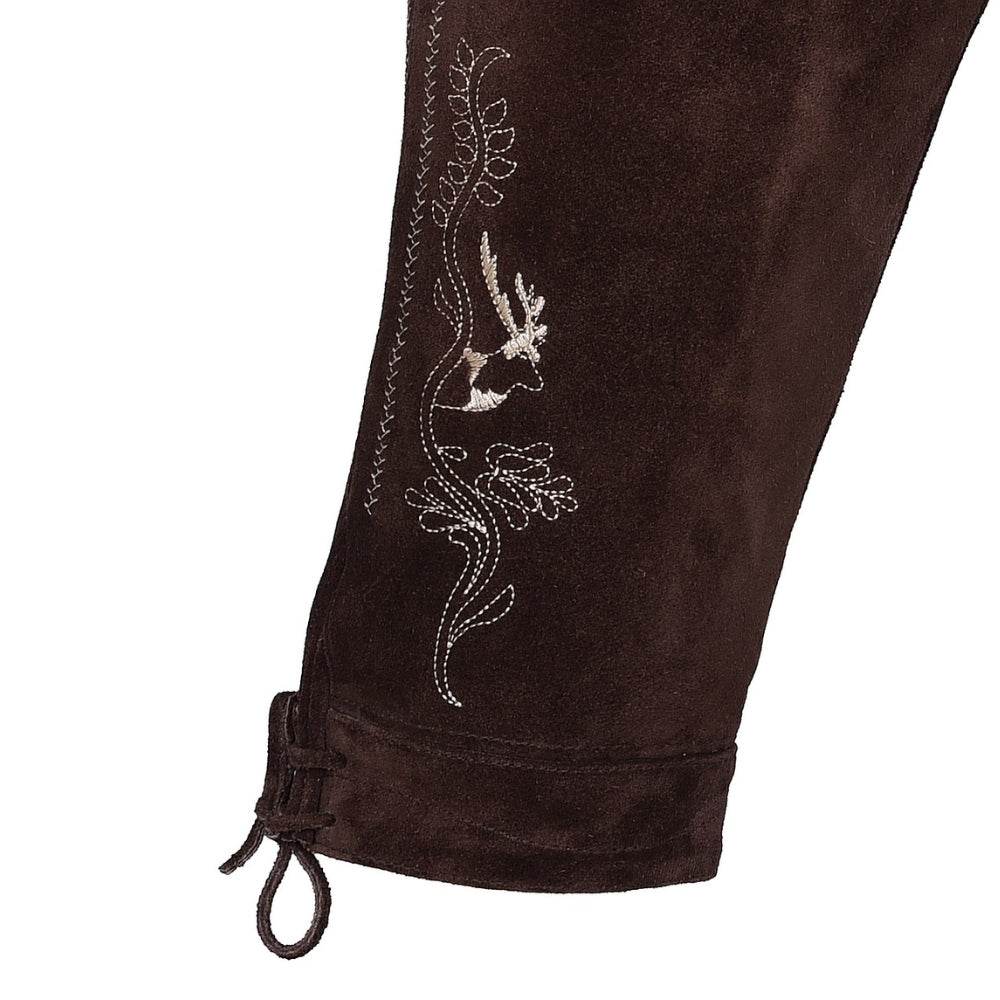 Dark brown lederhosen close-up with embroidered floral design and tied cuff