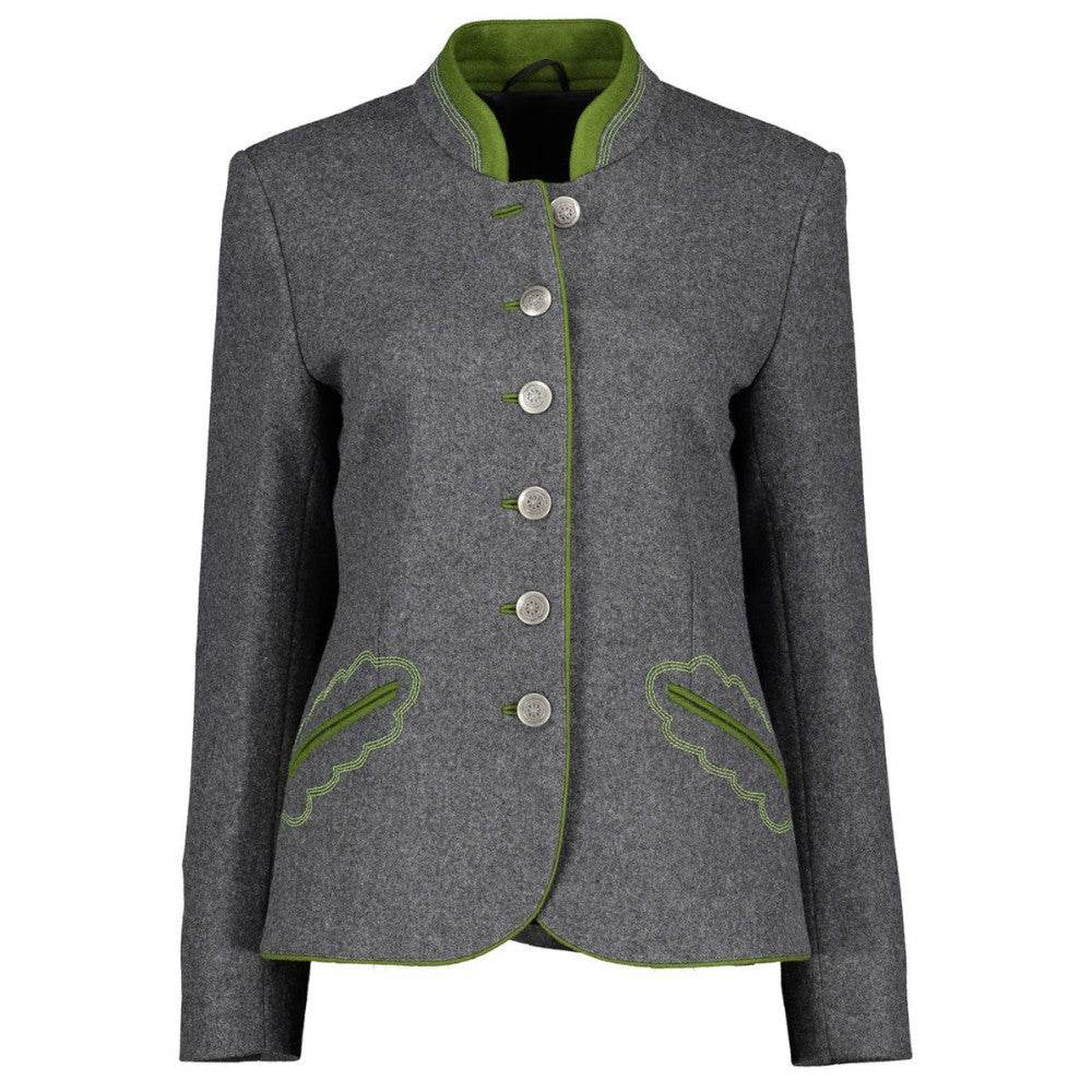 Ladies loden festival coat, dark gray with green stand collar and button front.