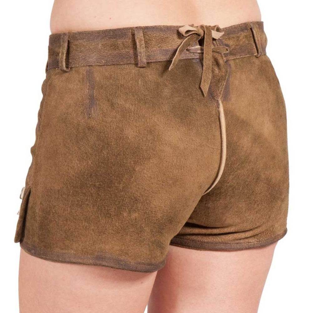 Brown women's leather shorts with lace-up drawstring tie at waistband and side pocket