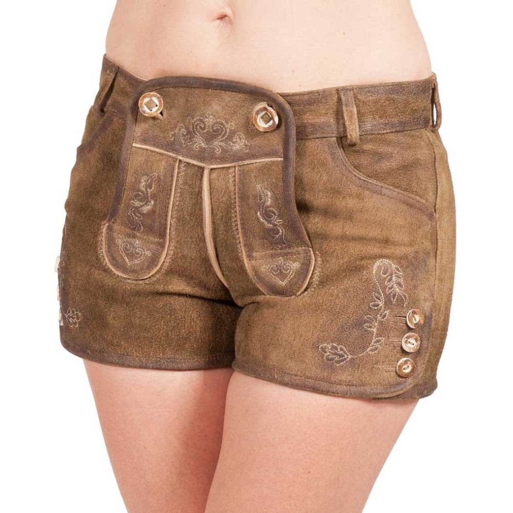 Brown women's leather shorts with embroidered front panels, ring button detail, belt loops