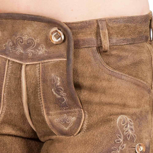 Brown women's leather shorts with decorative swirls on waistband and front pocket flaps