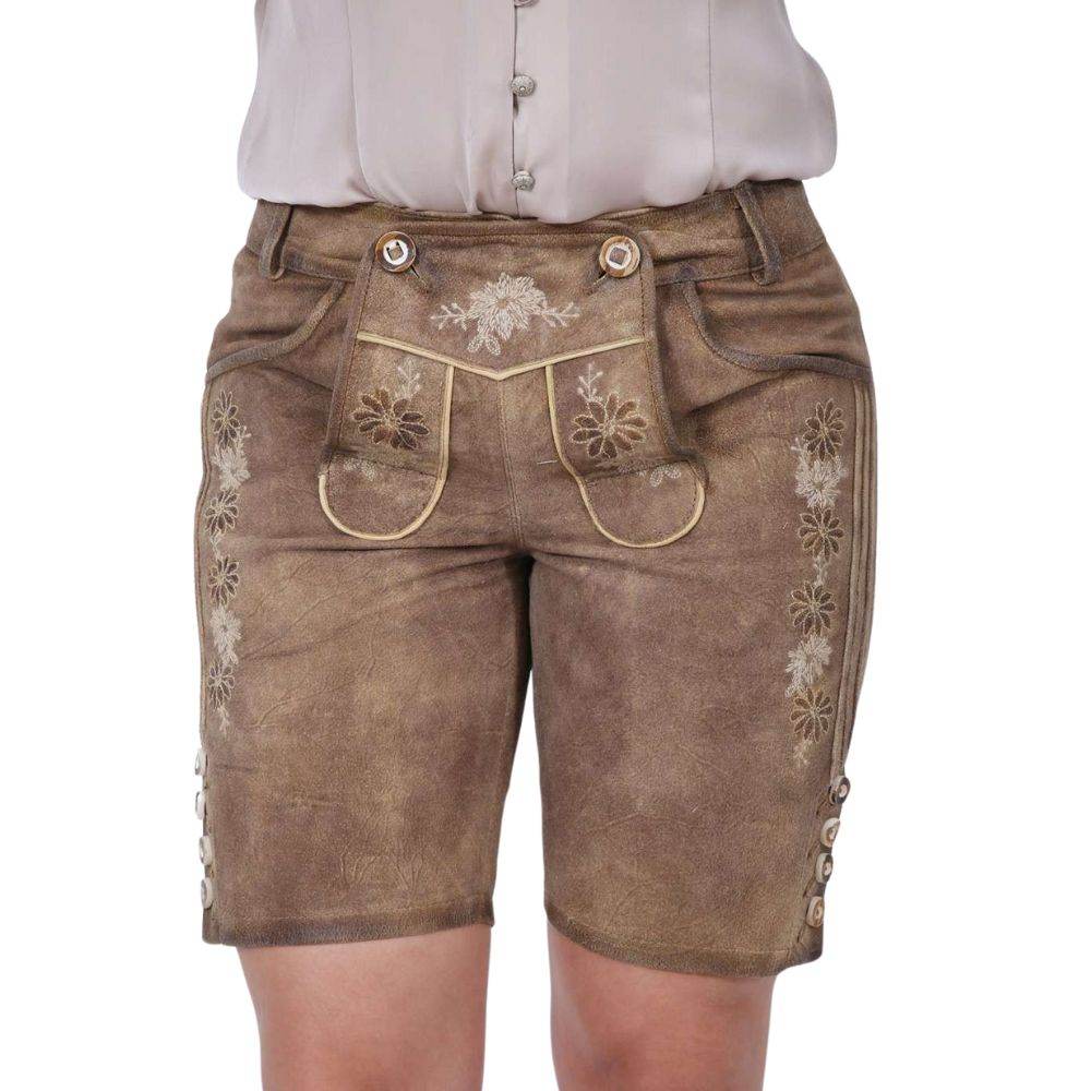 Brown leather shorts with floral embroidery and decorative front pocket flaps