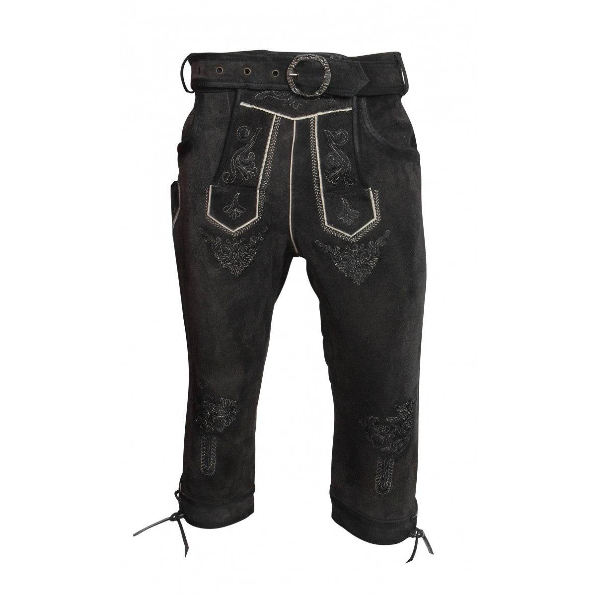 Men's alpine lederhosen shorts in dark, with decorative lacing and embroidered panels.