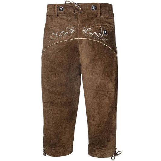 Men's brown traditional lederhosen shorts with decorative embroidery and belt loops