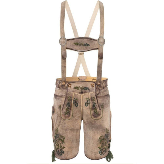 Men's light tan suede lederhosen with green embroidery, horn buttons, and suspenders