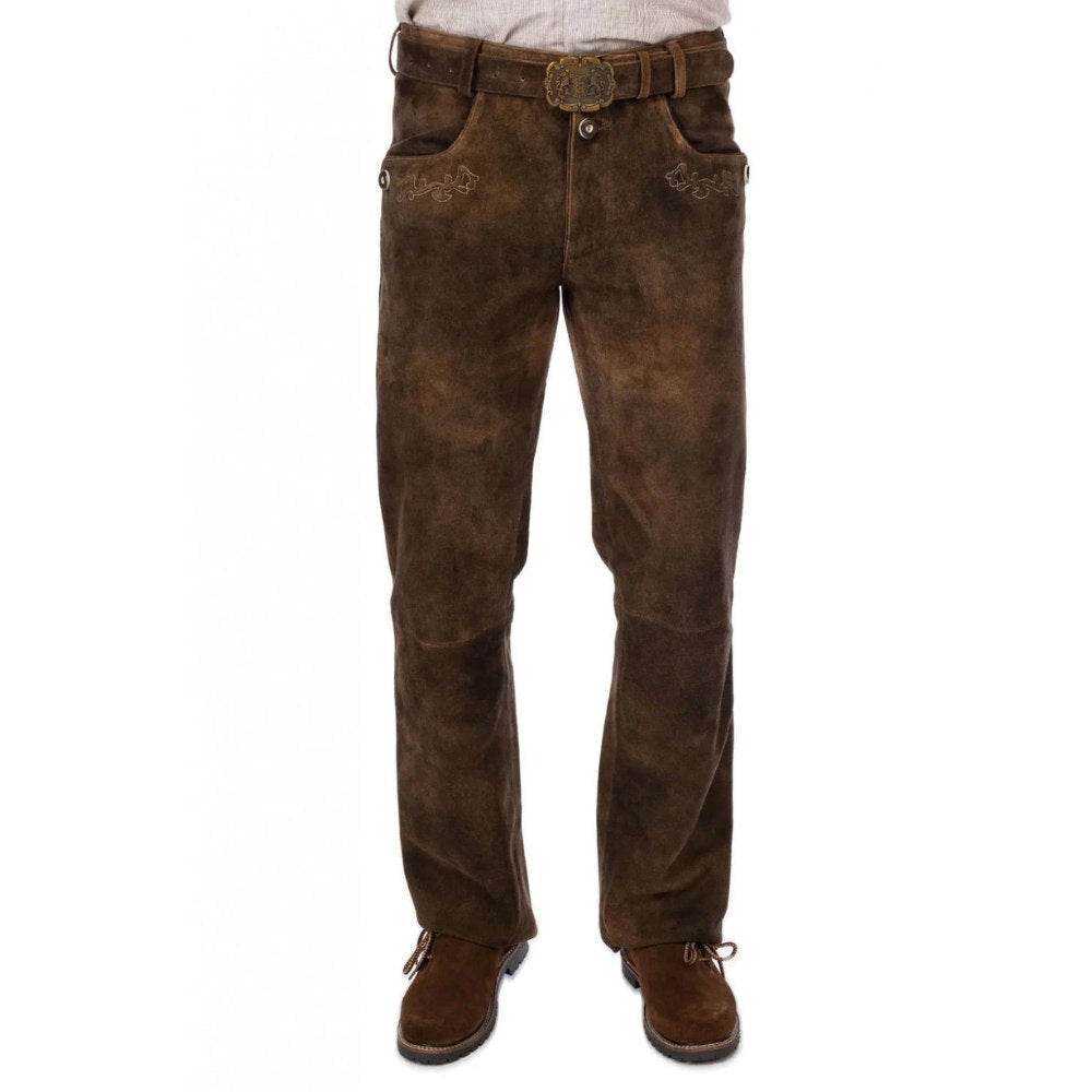 Herren Lederhose Tracht mit Hirschstickerei und Beinschnürung - Lederhose Herren