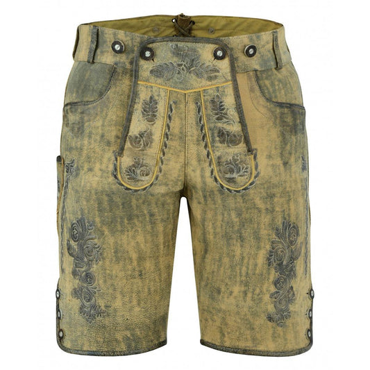 Men's traditional lederhosen with embroidered front pockets, metal buttons, dark