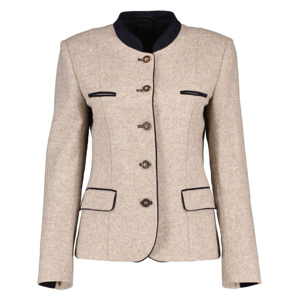 Beige women’s Oktoberfest blazer with black stand collar, button front, welt pockets