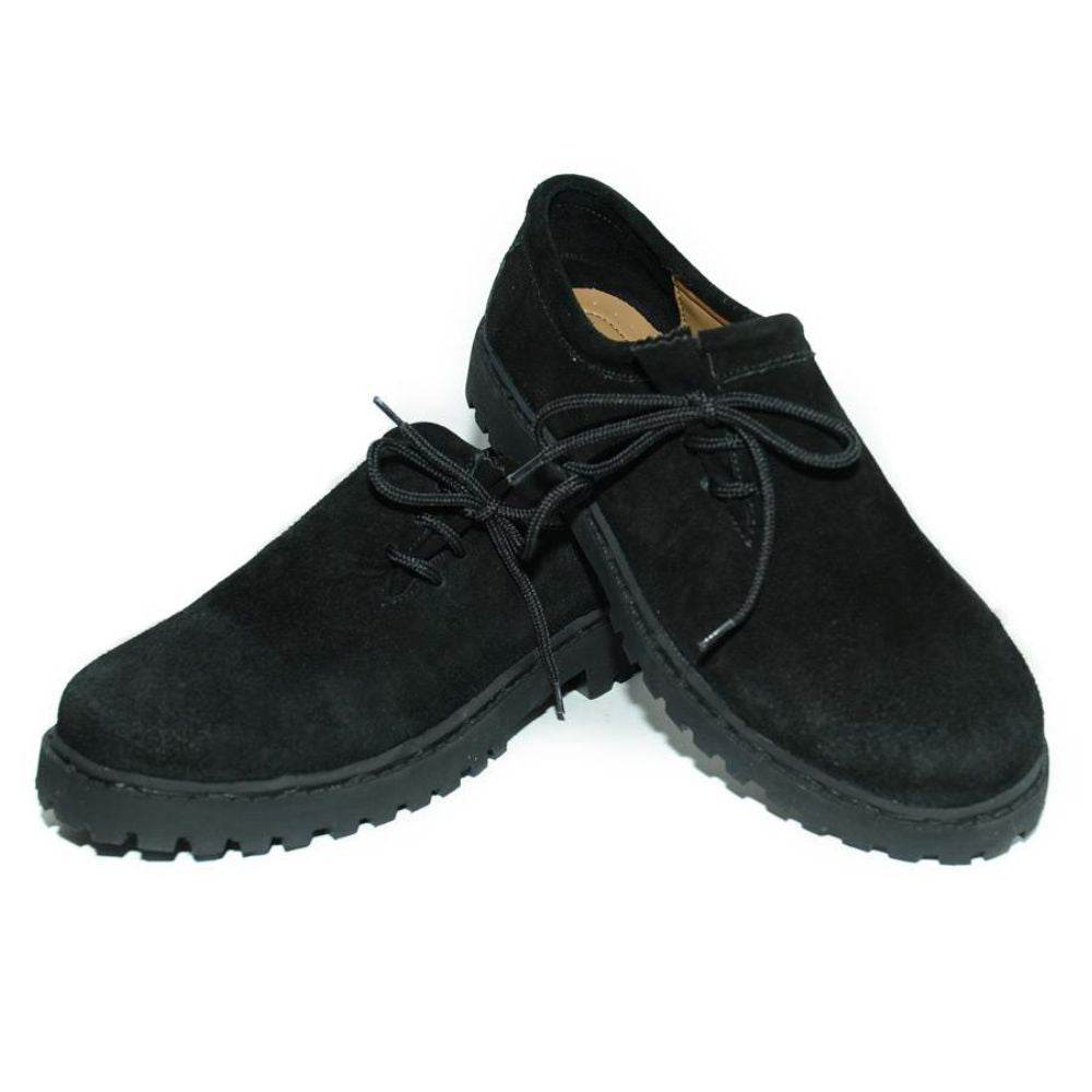 Black suede lace-up Trachten shoes with chunky rubber sole and round toe.