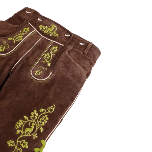 Brown leather shorts with green floral trim, side pocket and stitched straps