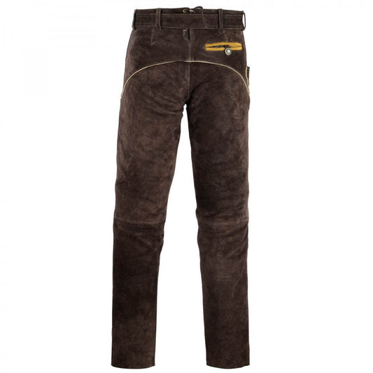 Brown leather short lederhosen with buttoned waistband, front pockets, and belt loops
