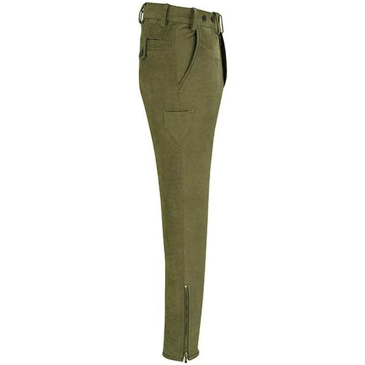 Men's green leather lederhosen, side view with belt loops and leg zip detailing