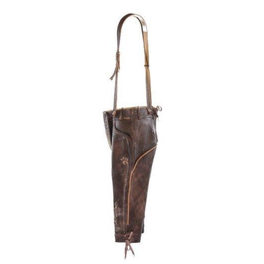 Men's alpine leather lederhosen with suspenders, hanging side view, dark brown leather