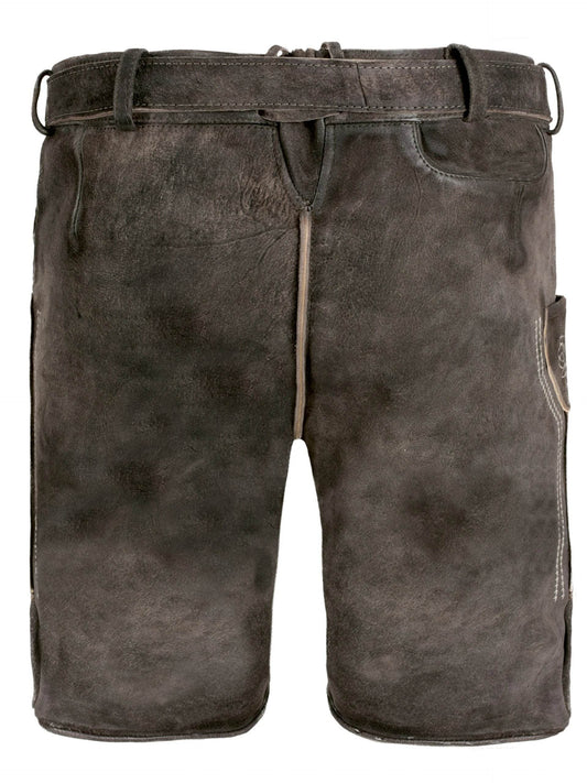 Men's dark suede alpine shorts with front fly, belt loops, and side pockets