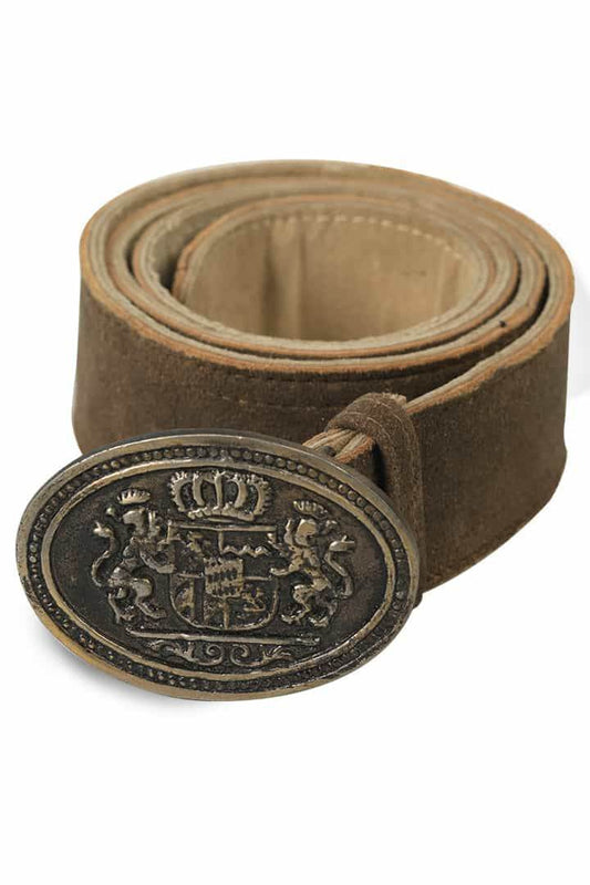 Men's Bavarian dark-brown leather belt with oval engraved buckle and keeper loop