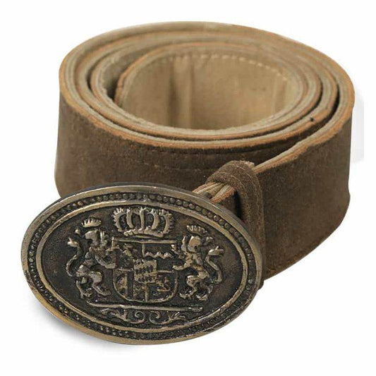 Men's brown leather belt, ornate oval buckle with engraved crest