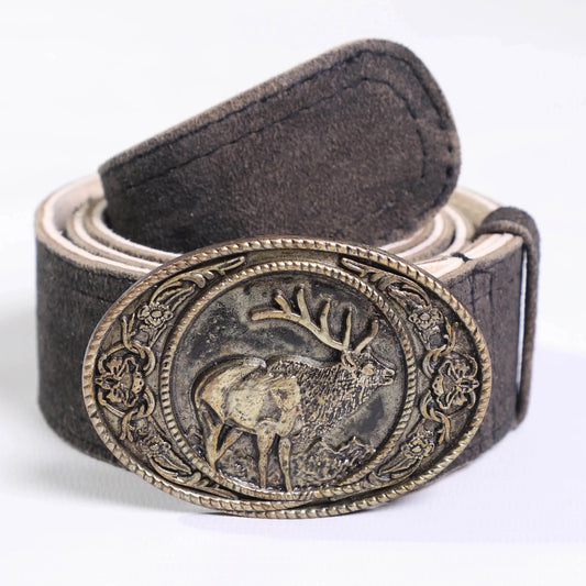 Men's lederhosen belt close-up: dark leather strap with decorative oval metal buckle