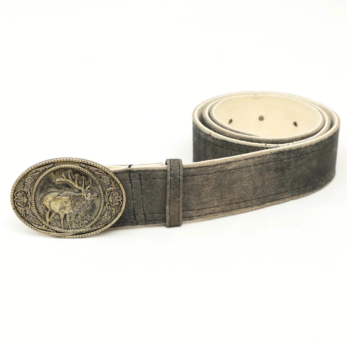 Men's lederhosen belt in dark suede-like leather with round ornate brass oval buckle