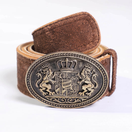 Men's brown leather belt with ornate oval crest buckle and stitched keeper loop