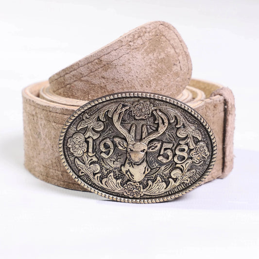 Tan suede leather belt with oval engraved buckle and deer motif, stitched edges