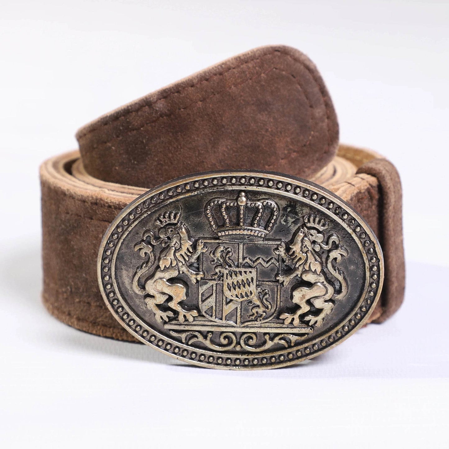 Men's leather belt with dark brown suede texture and ornate oval crest buckle