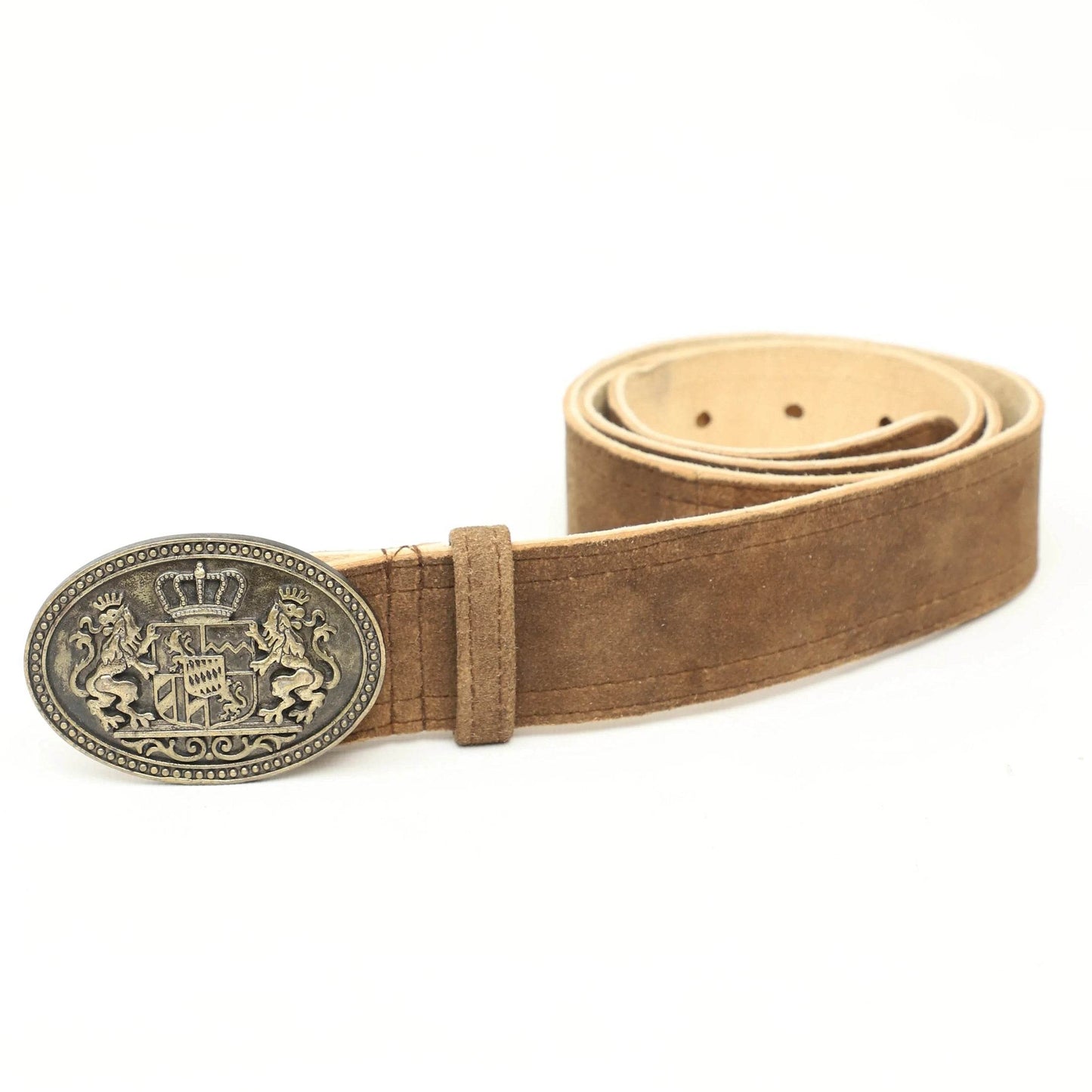 Men's genuine leather traditional belt with oval metal crest buckle, light brown