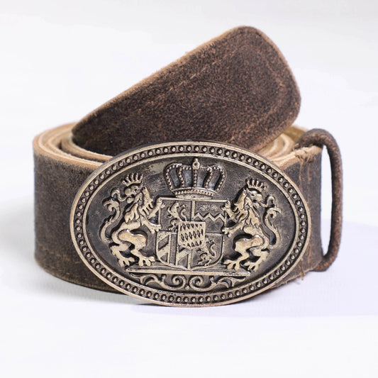 Men's cowhide leather belt with oval engraved buckle and dark brown strap end