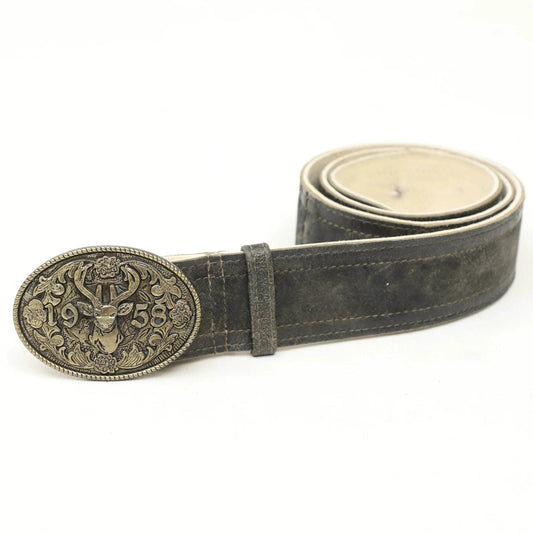 Men's dark leather belt with oval engraved buckle, stag motif and 1958