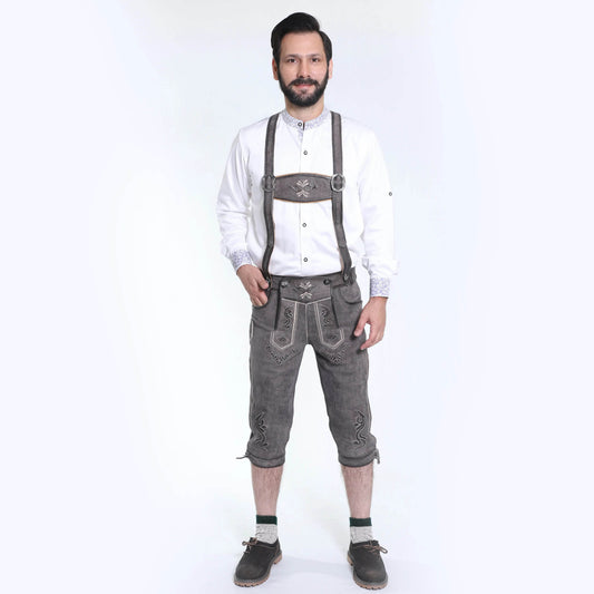Men's gray lederhosen with suspenders, Trachten embroidery, and knee-length fit