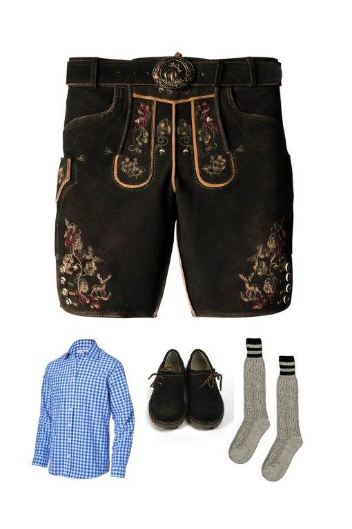 Men's traditional dark leather lederhosen with embroidered floral panels and belt
