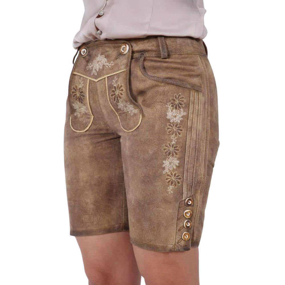 Brown leather shorts with vertical floral embroidery and side button trim
