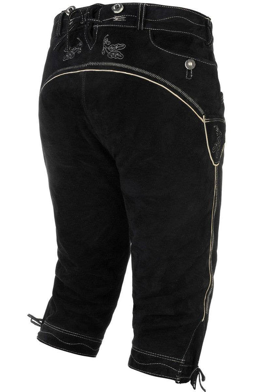 Men's black leather lederhosen, curved seam detail and front pocket with metal buttons