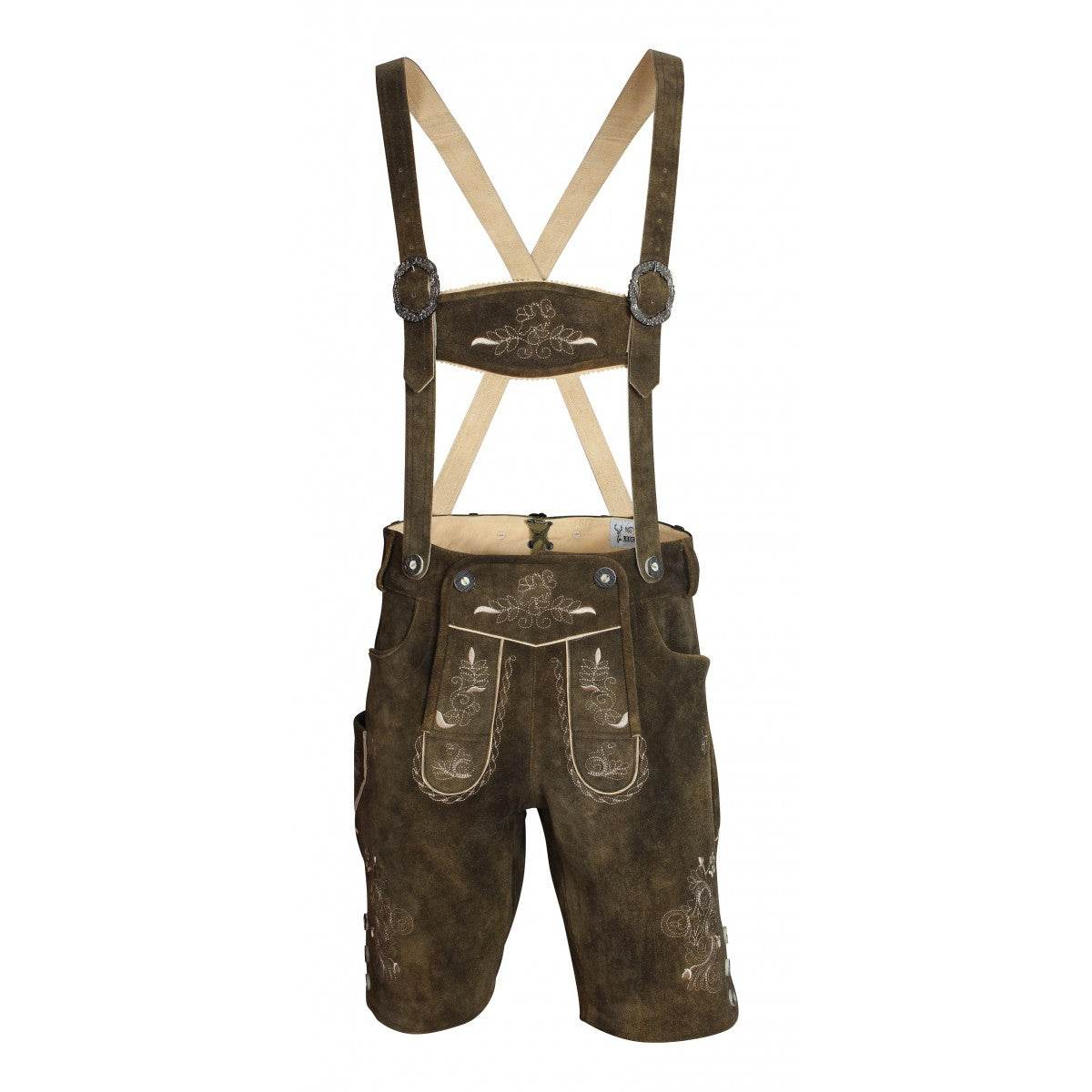 Men's brown leather lederhosen shorts with suspenders and front pockets