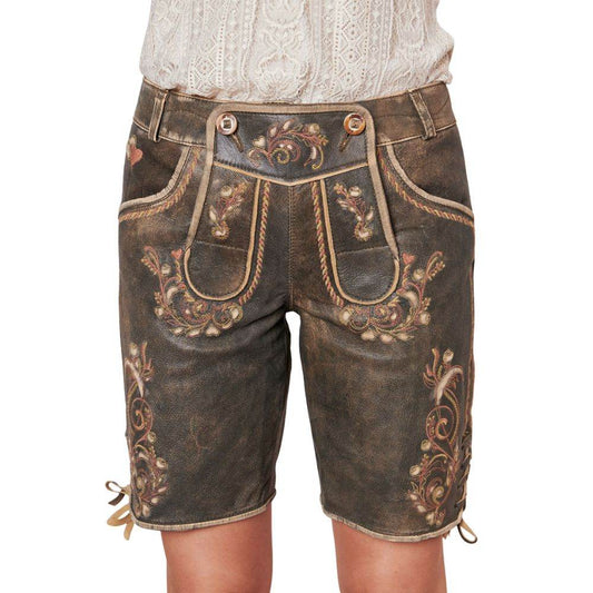 Bayerische Damen Lederhose kurz dunkelbraun mit Ziernähten - Lederhose Herren