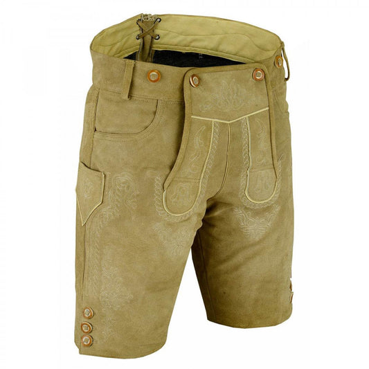 Men's tan leather lederhosen with embossed panels and horn buttons